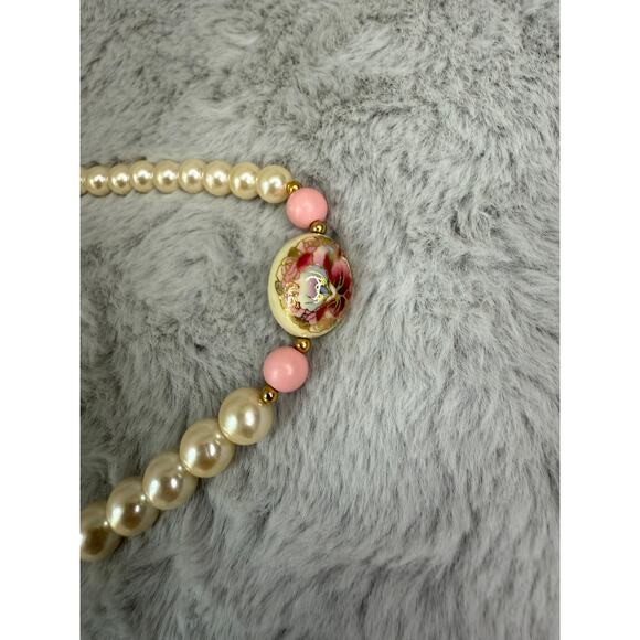 Vintage Japan Porcelain Floral Bead Faux Pearl Necklace 27" Hand Painted - Picture 3 of 7